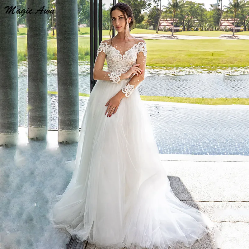 

Magic Awn Charming Long Sleeves Wedding Dresses Lace Appliques Beaded A-Line Boho Bridal Gowns Illusion Princess Robe Mariage
