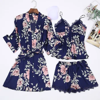 

New Autumn Pajamas Robes Set Flower Silk Sexy Lingerie Twinset Women Nightwear Camisole Bathrobe Dress Sleep Wear Dark Blue