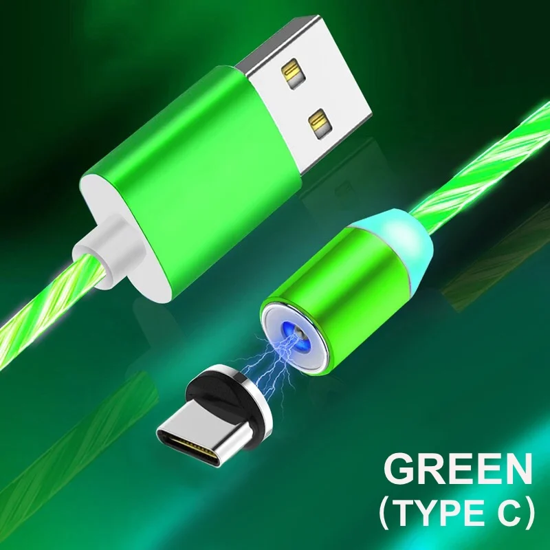 Магнитный светодиодный кабель USB для быстрой зарядки с разъемом type-C, магнитное зарядное устройство для Xiaomi, кабель Micro USB для iPhone, huawei, samsung, кабель - Цвет: For Type-C Green