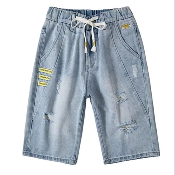 

Summer Men Ripped Loose Straight Jeans Short Fashion Hip hop Holes male Solid color Casual Denim shorts jeans men #822
