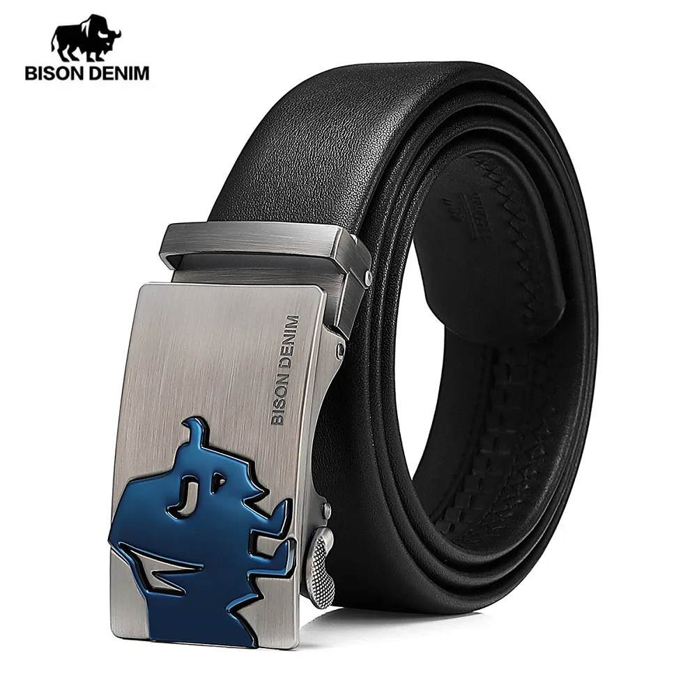 Мужской классический ремень BISON DENIM черный из натуральной воловьей кожи с