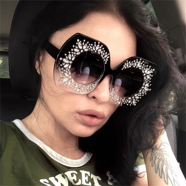 Designer Oversized Women Square Sunglasses Crystal Fashion Luxury Shades  UV400