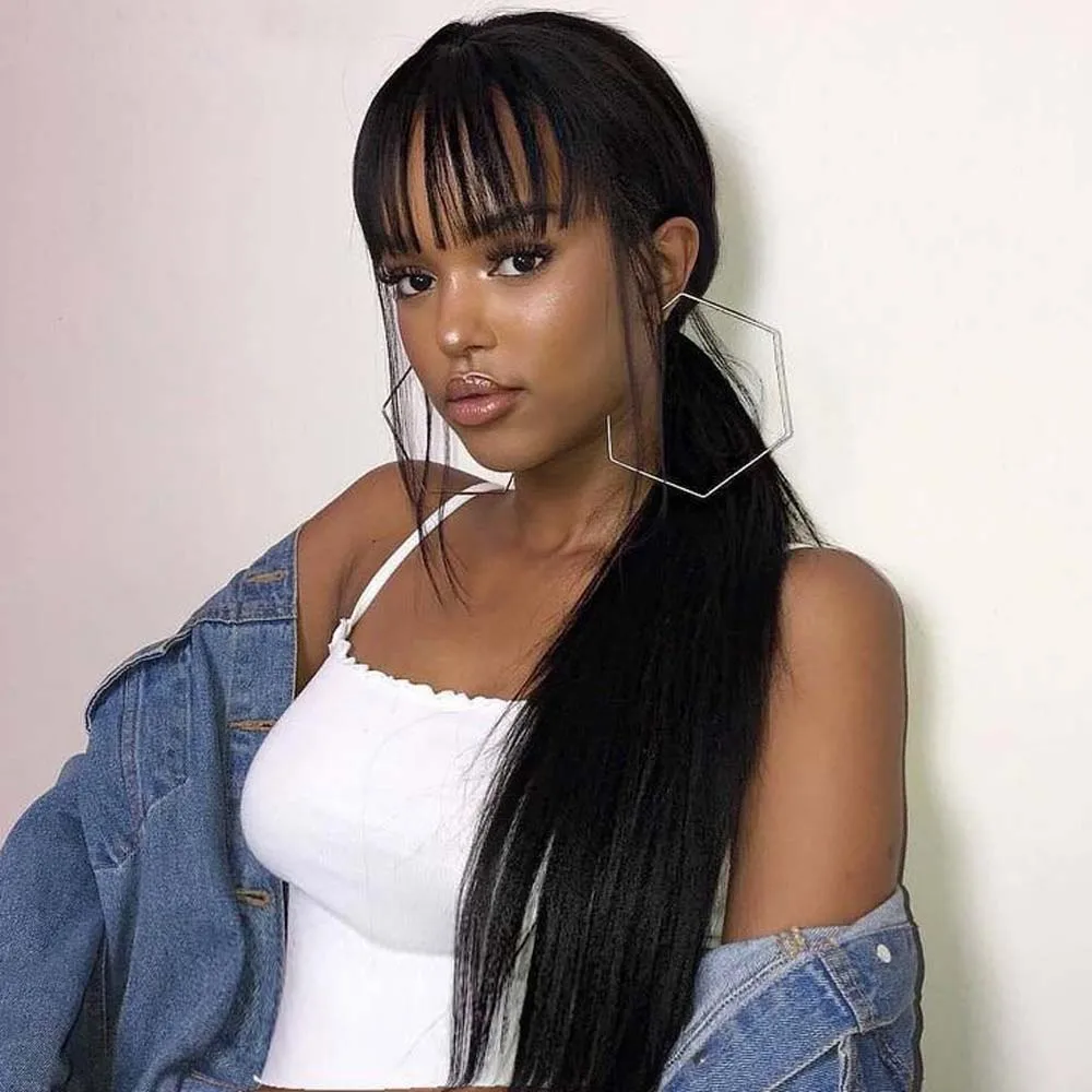 Straight Human Hair Wigs With Bangs For Women O Scalp Top Bob Wig Free Part Lace 10-18&quot Fringe | Шиньоны и парики