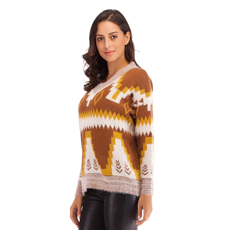 Regular Loose Women's Casual Sweater Pullover New Winter Knitted Base Sweater Fashion Printed V Neck Long Sleeves Loose Sweater Regular Loose Women's Casual Sweater Pullover New Winter Knitted Base Sweater Fashion Printed V Neck Long Sleeves Loose Sweater