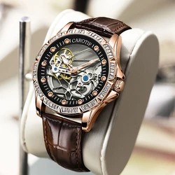 CAROTIF Reloj de pulsera automático para hombre, reloj mecánico de moda con correa de Corium, resistente al agua, automático, tallado hueco