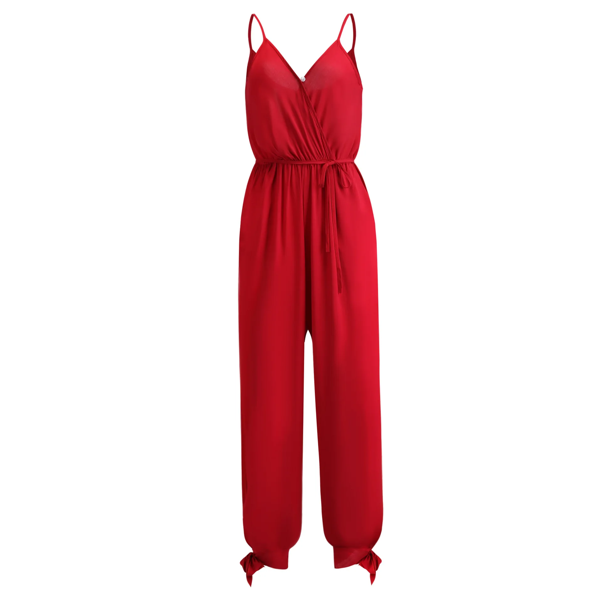 

Euramerican spring and summer new fund sexy dew back rope deep V collar concord long jumpsuit