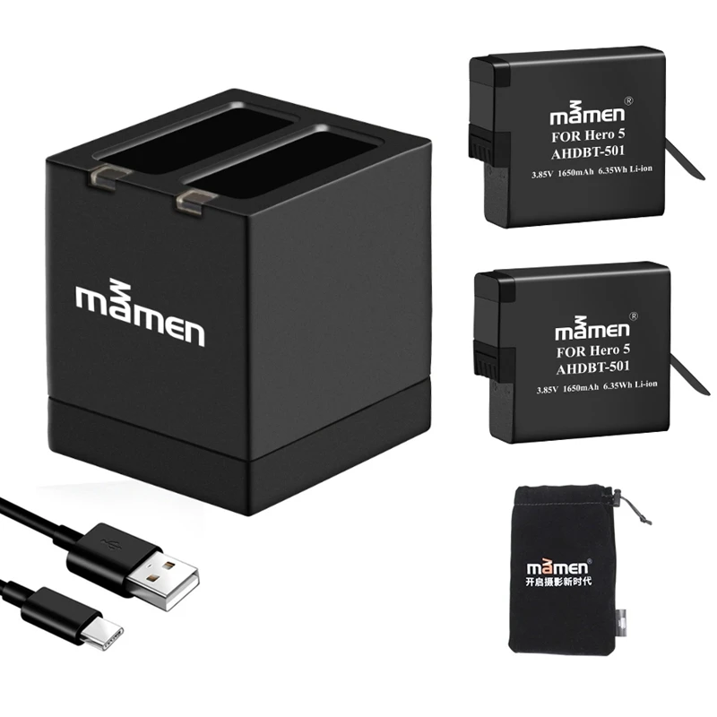 Батарея для спортивной камеры Mamen Gopro AHDBT 501 1650 мАч+ двойное зарядное устройство type-C для GoPro Hero 5 6 7 черный аккумулятор для спортивной экшн-камеры