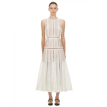 

White Dress For Women 2020 Summer Stand Collar Hollow Out Sleeveless Long Lace Dress