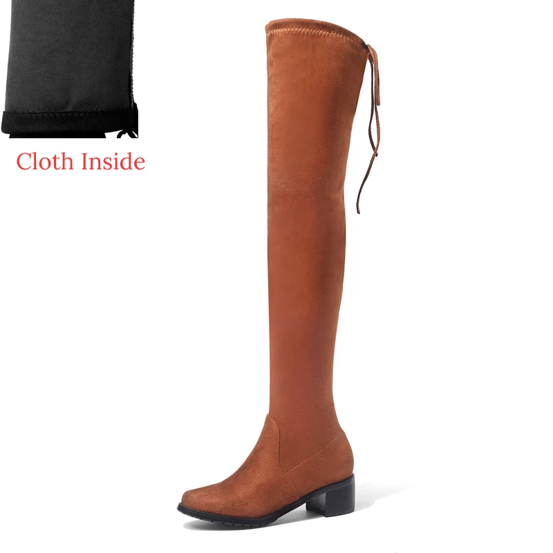 Стрейчевая ткань; облегающие высокие сапоги; Женская осенне-зимняя обувь на среднем каблуке; модные женские сапоги выше колена с перекрестными ремешками; A328 - Цвет: Orange Cloth Inside