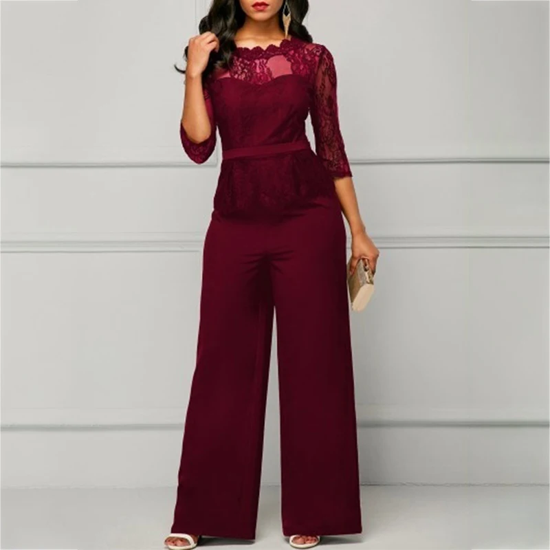 plus size suits for women 2021 New Spring Autumn Women Lace high waist 2 Pcs Pant Sets Solid Lace Top+ Long Pant Formal Wear Casual Sets Wide leg pants dressy pant suits