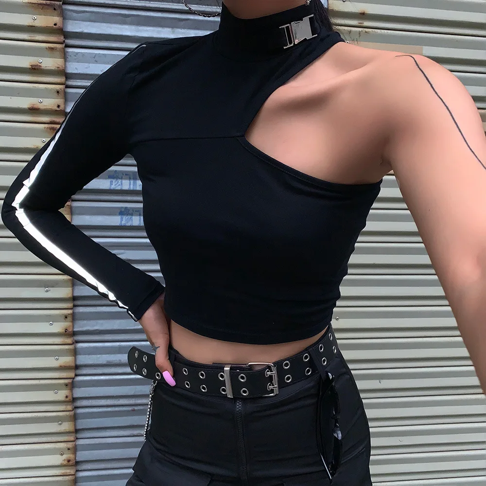 

Long Sleeve Women T Shirt Autumn Sexy Hollow One Shoulder Black Tees Streetwear Reflective Splice Turtleneck Buckle Crop Top