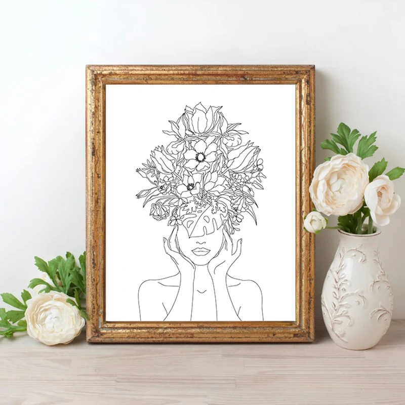 Abstract-Woman-Flower-Head-Line-Drawing-Posters-and-Prints-Black-White-Minimalist-Art-Pictures-Canvas-Painting