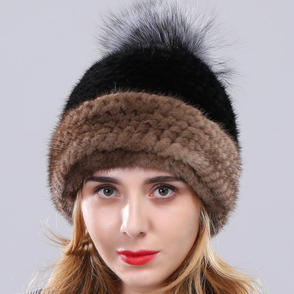 Новое поступление, женская шапка из натурального меха норки с меховыми помпонами ручной работы, вязаная шапка из натурального меха, роскошная женская зимняя теплая меховая заколка