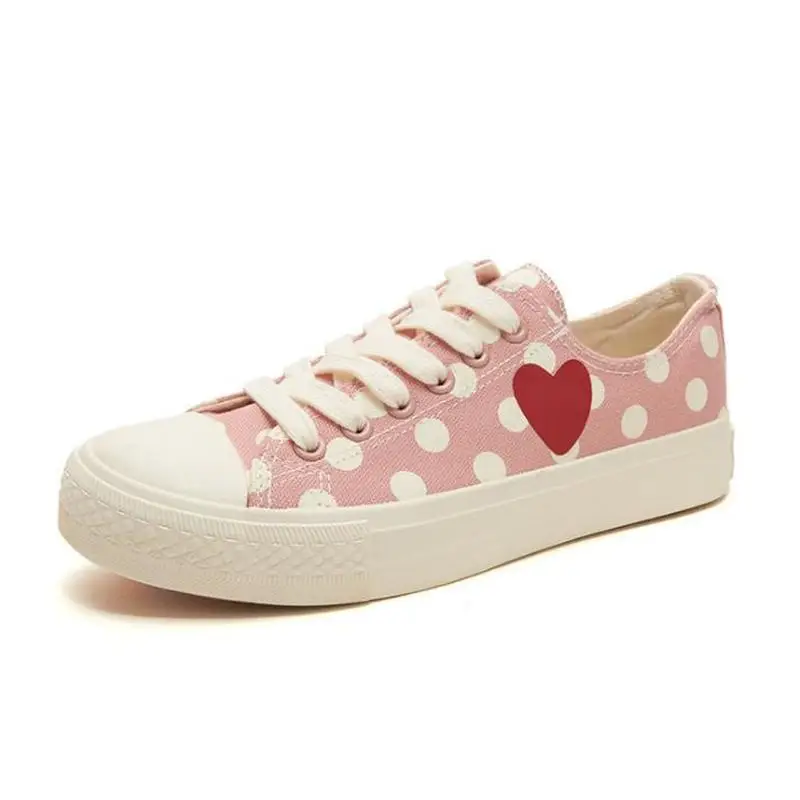 

New Canvas Women Shoes Spring Fashion Polka Dot Pattern Students Casual Shoes Shallow Breathable Lace-up Flat Footwear for Women