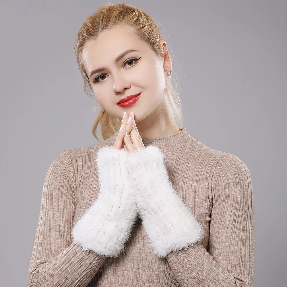 Women's Knitted Mink Fur Mittens Winter Warm Lady Real Fur Fingerless Gloves Handmade Knit Mink Mitten women dress gloves