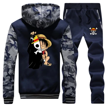 

Cartoon Luffy One Piece Anime Hoodies Winter New Warm Suit Men Thick Zipper Jacket+Pant 2pcs Sets Mens Camouflage Sweatshirt