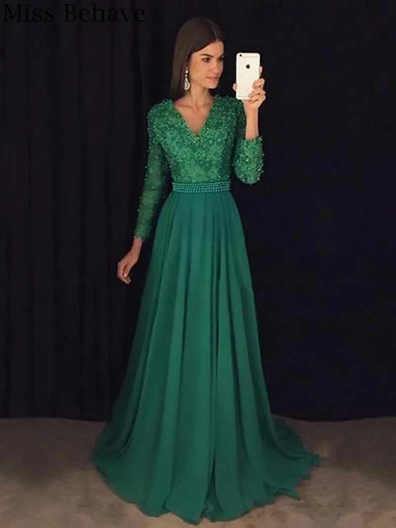 

DD JYOY Green Evening Dress Long Sleeve Lace Body Chiffon Evening Gown Party Beaded Pearls Long Formal Dress with Train