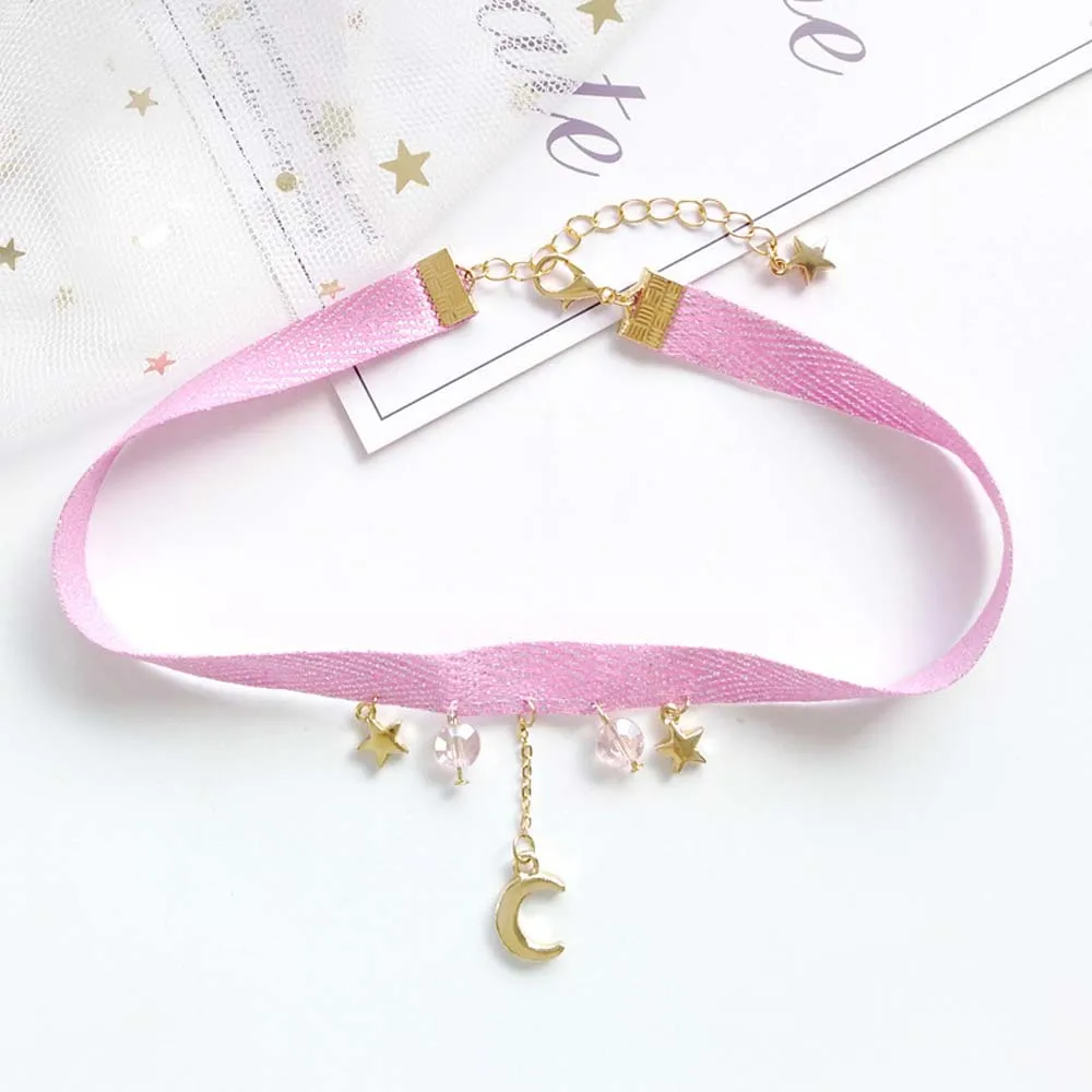 Moon pink 1 предмет Harajuku синий розовый цвет бархатной ленты Веревка цепочка для колье земля луна ожерелье с кулоном в виде звезды ювелирные изделия - Окраска металла: Moon pink