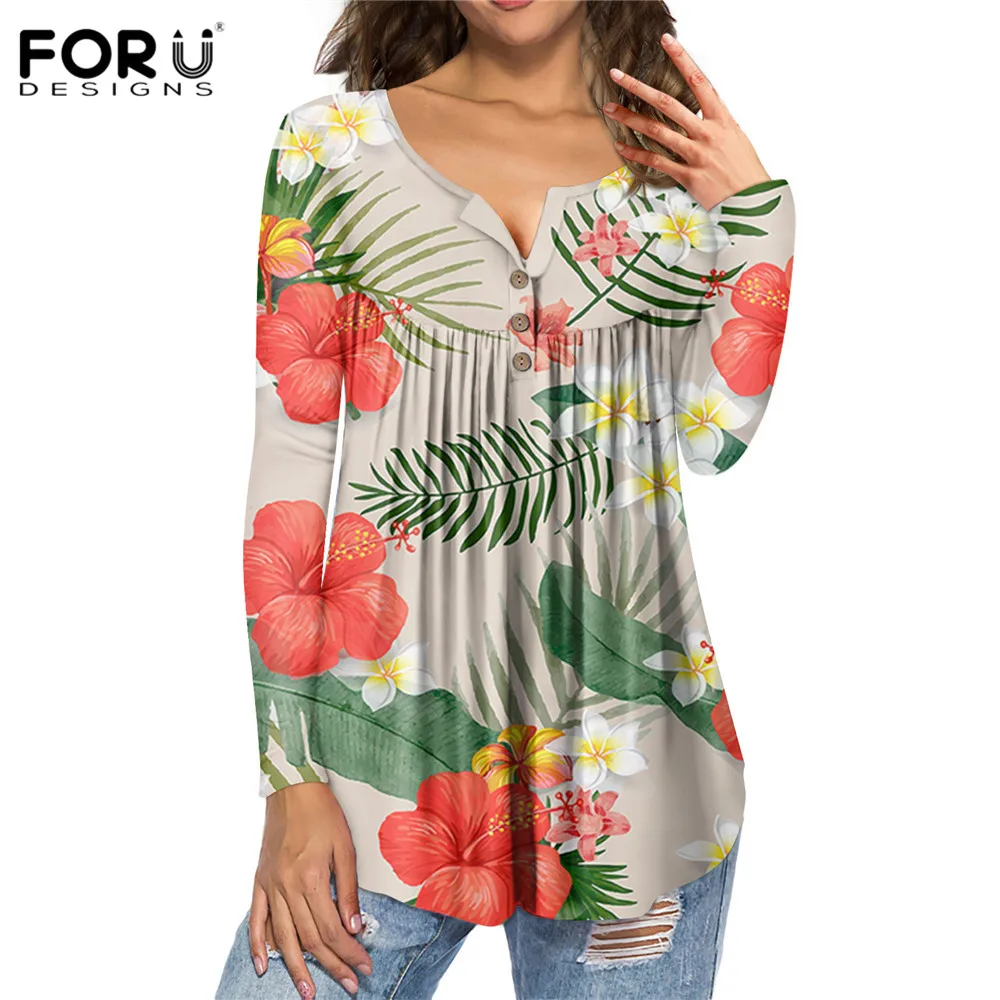 Женские повседневные рубашки FORUDESIGNS с тропическим рисунком гибискуса на