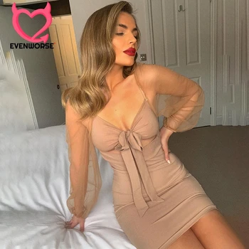 

Evenworse Bow Bandage Dress Puff Sleeve 2020 Fashion Gauze Splicing Hollowing Out Backless Square Neck Mini Dresses Retro Style