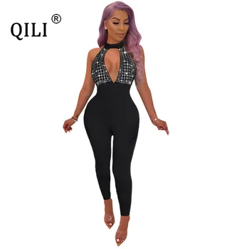 

QILI Halter Diamonds Sleeveless Jumpsuits Women Rompers Sexy Hollw Out Backless Bodycon Jumpsuits Clothing