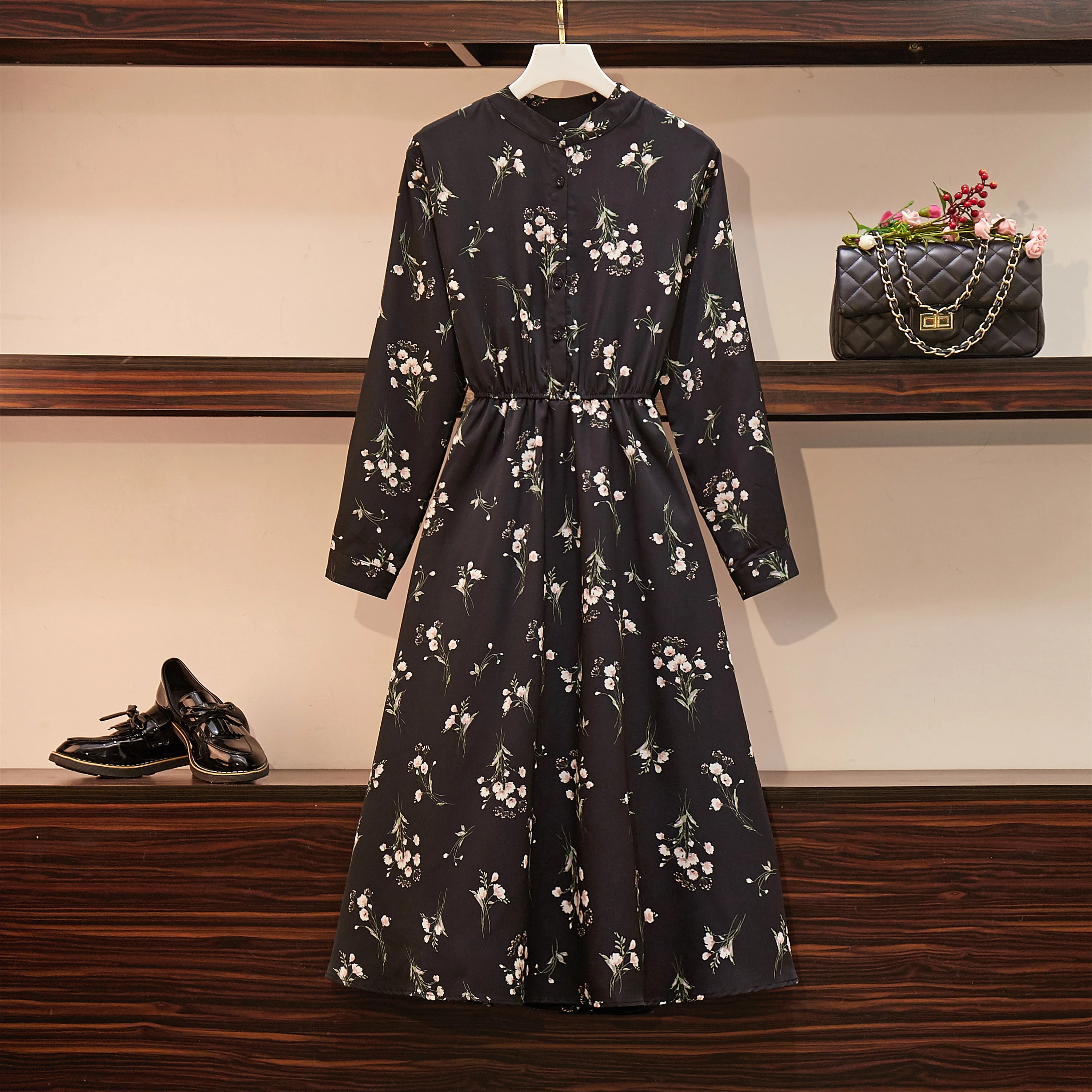 

L-4XL Plus Size 2019 Autumn Women O Neck Long Sleeves Floral A Line Dress Female Oversize Dresses N378