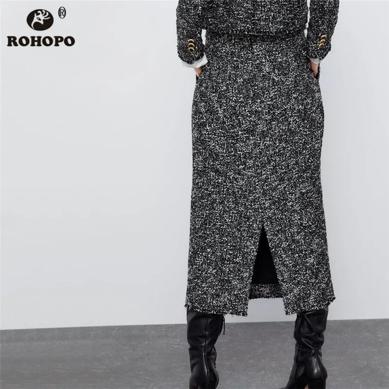 ROHOPO, высокая талия, толстая, твидовая, прямая, миди, серая юбка, молния сзади, летит, раскол, для девушек, Ретро стиль, до середины икры, Falda, Низ#9486