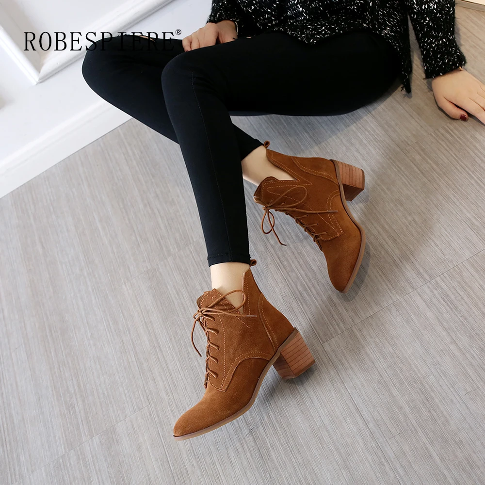 

ROBESPIERE New Autumn Winter Round Toe Ankle Boots Quality Cow Suede Large size Shoes Women Lace Up Warm Plush Lady Boots B57