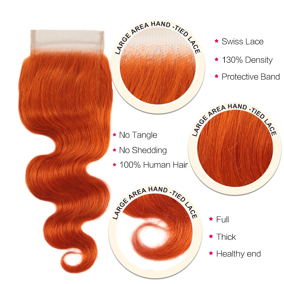 Black Pearl Ginger Hair Orange Bundles With Closure Brazilian Body Wave Human Hair Orange 3 Bundles With Closure Remy