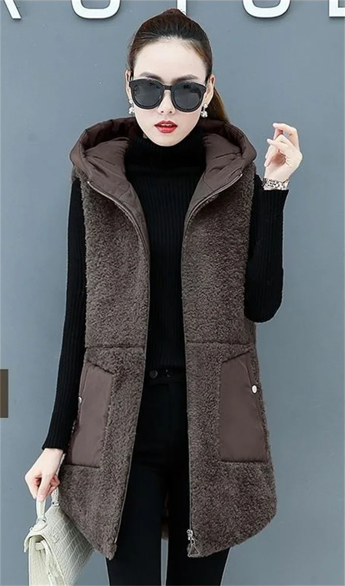 Imitate Lambswool Ladies Vest Coat New Autumn Winter Loose Hooded Outside Take Middle Length Payment Thicken Female Vest Jacket maxi puffer coat womens