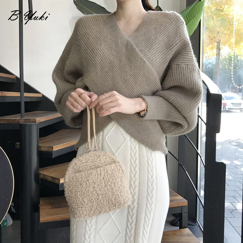 

Blessyuki Gentle Versatile Thick Knitted Pullover Sweater Women Casual Loose V-neck Batwing Sleeve Sweater Female Solid Jumper