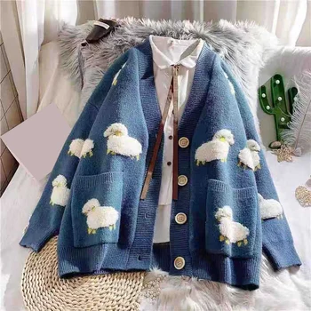 

Autumn Women Knitted Sheep Print Big Pocket Cardigan Ladies V Neck Cartoon Print Sweet Sweater Coat Girl Loose Cardigans Coats