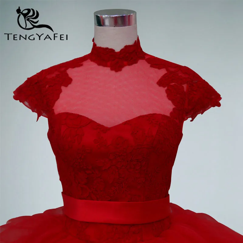 Новое модное платье с оборками и высоким воротом, vestido de novia casamento, пикантное свадебное платье с открытой спиной, Красное Кружевное Платье, платья для матери невесты