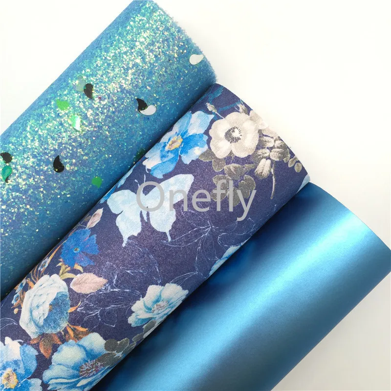 Onefly 21X29CM синий блеск ткани цветы печатных синтетическая кожа виниловые листы для