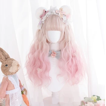 

Daily Lolita Cosplay Wigs High-temperature Fiber Synthetic Hair Golden Pink Gradient Long Big Wave Curly Hair+free hair cap