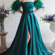 Бирюзовые атласные платья с перьями для выпускного вечера без бретелек трапециевидной формы с высоким разрезом сбоку Формальные Вечерние платья Robe De Soiree