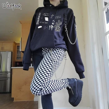 

Waatfaak Chain Button Patchwork Streetwear Hoodies Women Punk Print Black Pullovers Pocket Fitness O Neck Sweatshirt Gothic Top