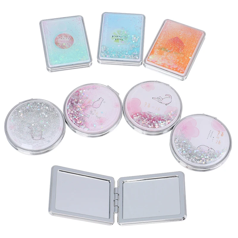 Portable Double-Sided Folding Cosmetic Mirror Mini Makeup Mirror Compact Pocket Mirror With Flowing Sparkling Sand 2 Styles