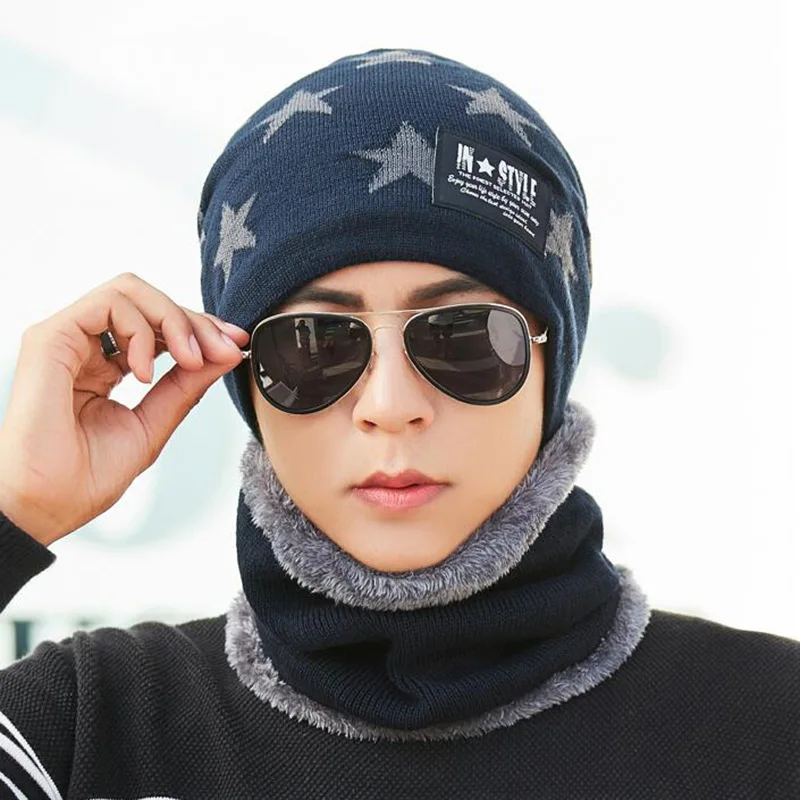 YOYOCORN For Men Women Skullies Beanies Hat Winter Beanies Men Scarf Knitted Hat Caps Mask Gorras Bonnet Warm Baggy Winter Hats - Color: Blue