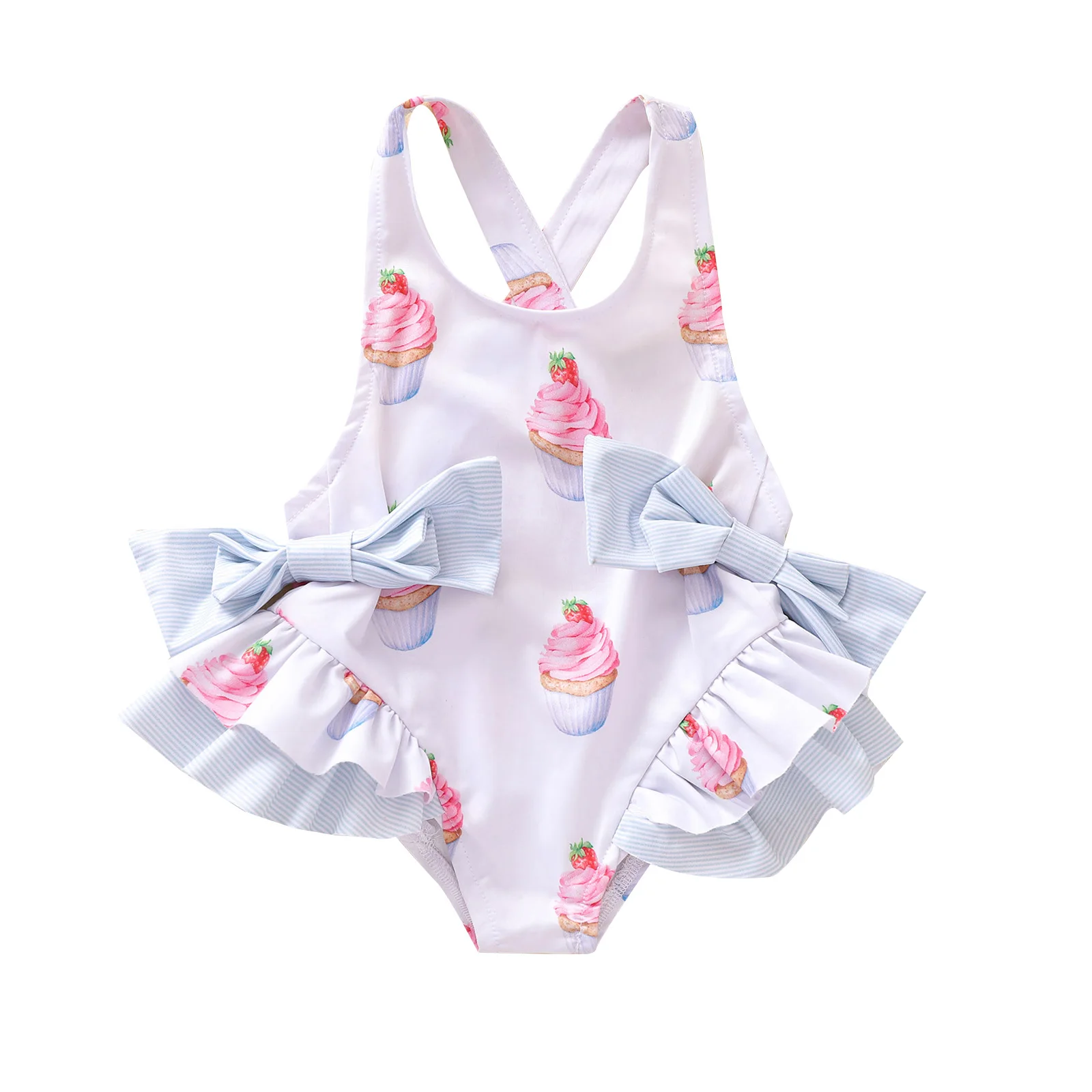

Baby Ruffles One Piece Swimsuit Cute Bow Cake Pattern Backless Suspender Swimsuit 0-24M