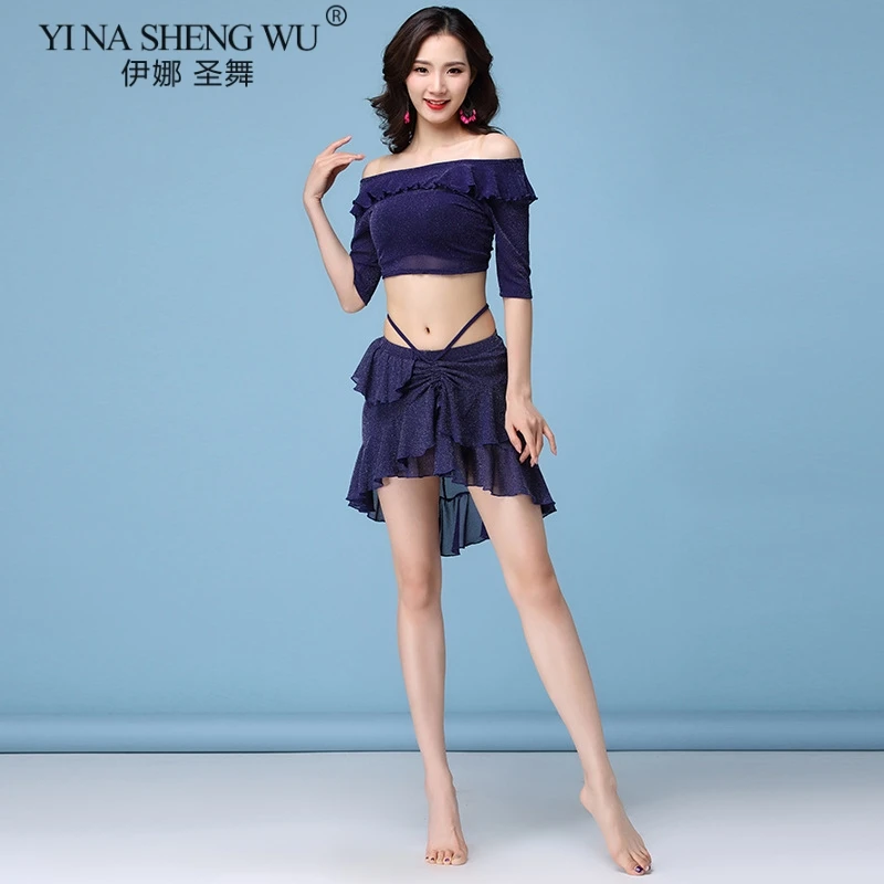 1175 Blue Set Одежда для танца живота одежда для танца живота Женская сетчатая Прозрачная с коротким рукавом сексуальный топ юбка костюм для восточных танцев комплект - Цвет: 1175 Blue Set