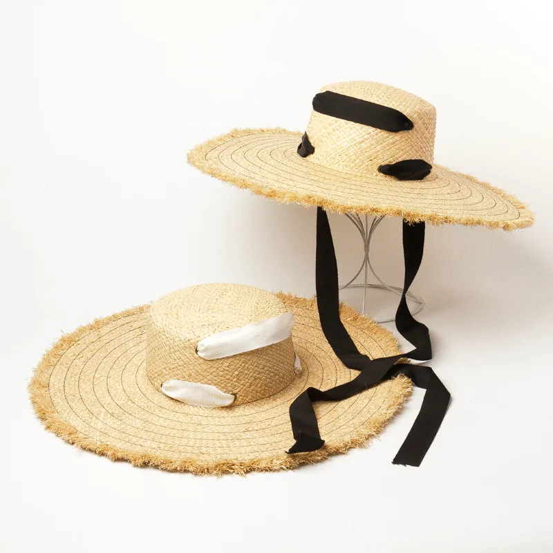 

01909-HH7104 summer handmade raffia grass long ribbon beach sea holiday take photo lady sun hat leisure cap women leisure hat