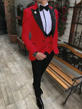 

Gwenhwyfar Chinese Red Mens Suits for weding Slim Fit Casual Business Groomsmen Tuxedos for Formal Wedding (Blazer+Pants+Vest)