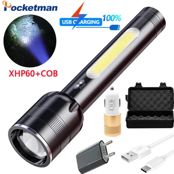 

Powerful XHP60+COB Led Flashlight Telescopic Zoom Flashlight Torch Built-in battery Smart Power Display Power Bank Lantern