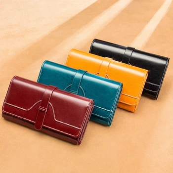 

Women's Long Wallet New Fashion Purse Retro Genuine Oil Wax Cowhide Large Capacity Card Holder Female Clutch Phone Pocket Wallet