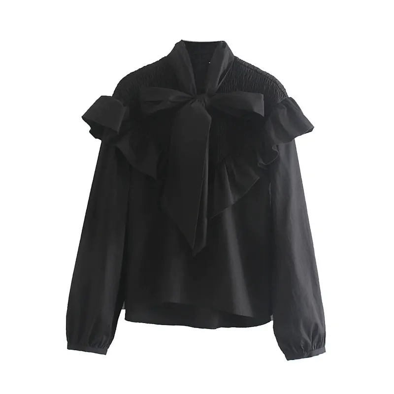 Ceny Kobiety high street łuk kołnierz kaskadowe ruffles casual bluza bluzka z krótkim rękawem rękaw damski poszerzany typu lantern elastyczne czarne blusas topy LS4148