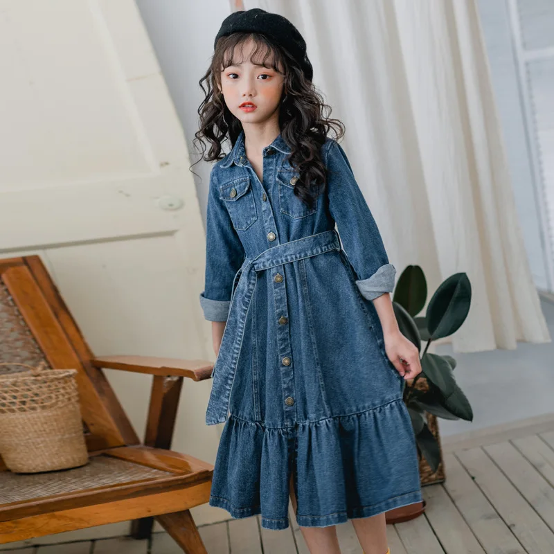 Baby Big Girls Mid Calf Jeans Dresses For Kids Long Sleeve Single Breasted Prince Denim Dress Clothing 2019 Autumn | Детская одежда и