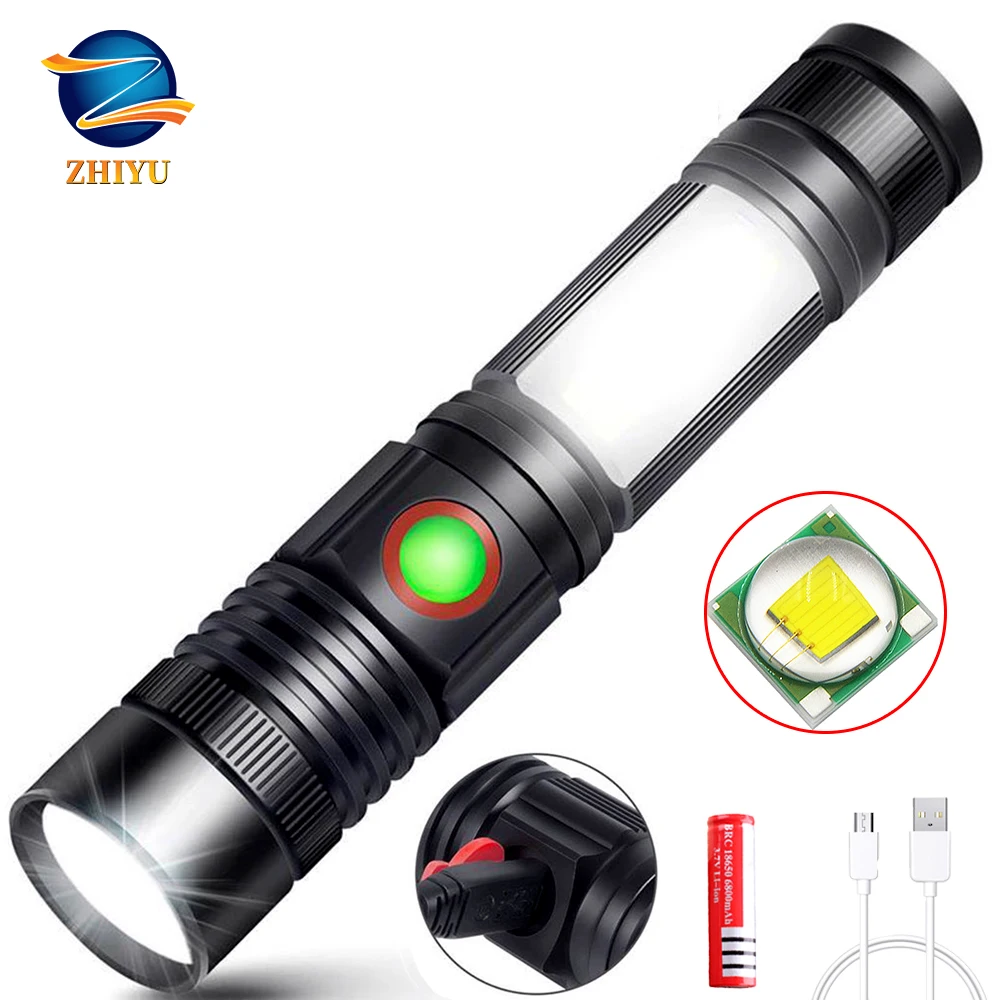 

ZHIYU led flashlight rechargeable 18650 Multi-function XMLT6+COB LED glare work light telescopic zoom USB outdoor camping Torch