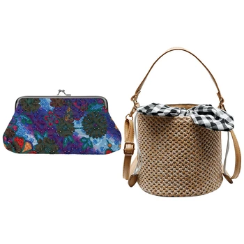 

2 Pcs Bag: 1 Pcs Flower Pouch Wallet Money Bag Purple & 1 Pcs Straw Bags Female Bowknot Beach Bags Khaki