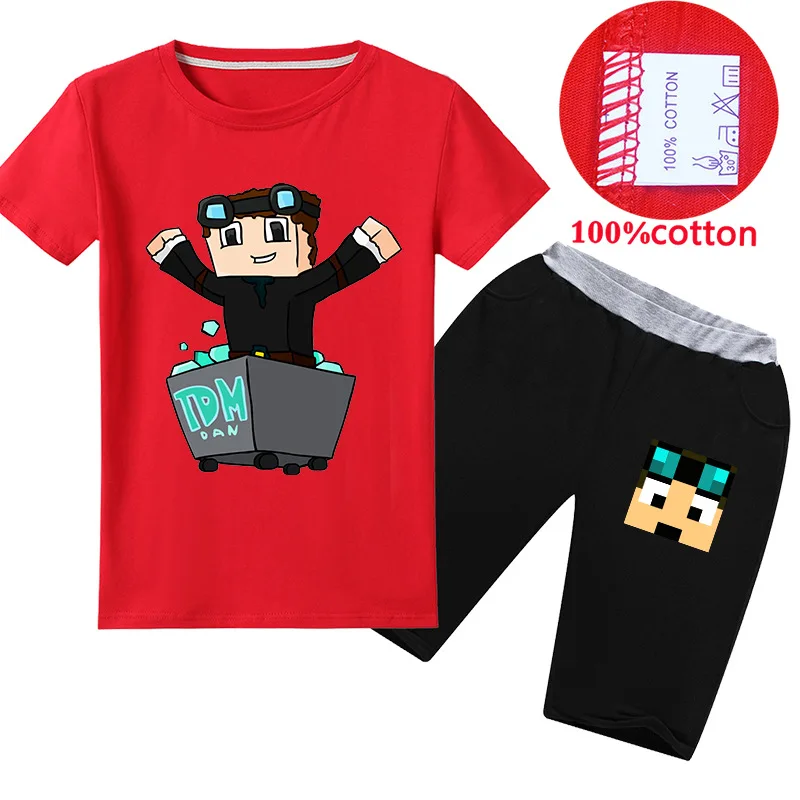 

oCross-border e-commerce eBay explosion models Dan TDM Stampy Cat pattern children's T-shirt set children's clothing Minecrafted